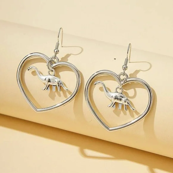 🦕 Awesome Heart Brontosaurus Dino Dinosaur Drop Earrings 🦕 - Picture 1 of 2